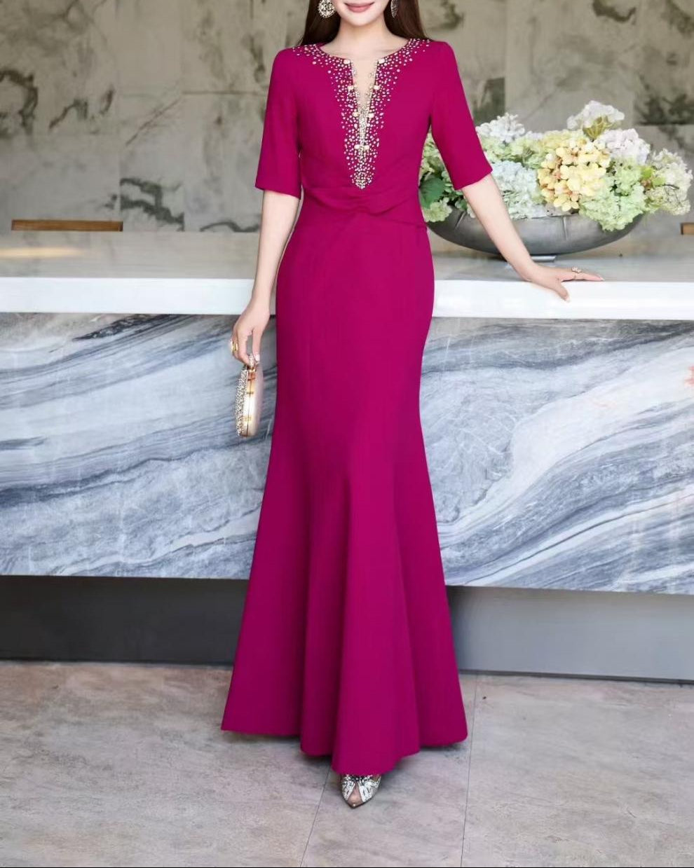 embellished deep-V mermaid dress – MAGENTA LUXE