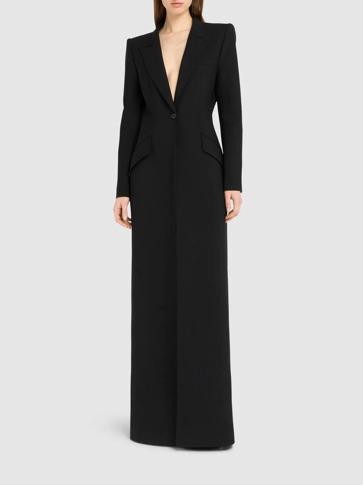tailored long blazer dress with structured shoulders – NOIR