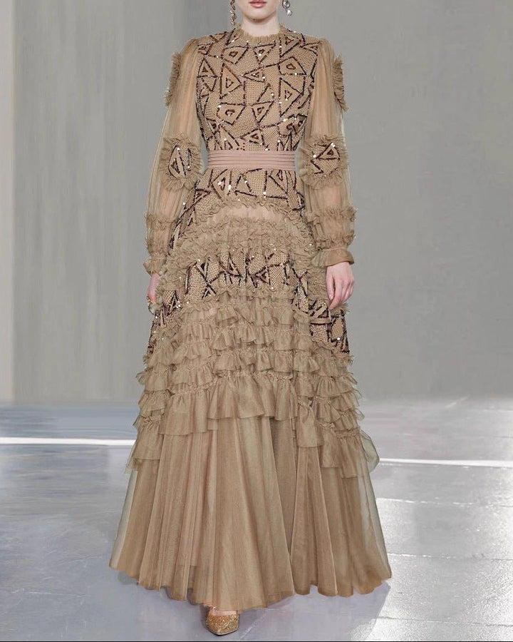 ruffled tulle gown with geometric beadwork – DUNIA