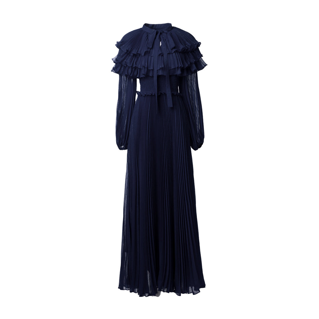 pleated chiffon maxi dress with layered ruffle collar – SERAPHINA