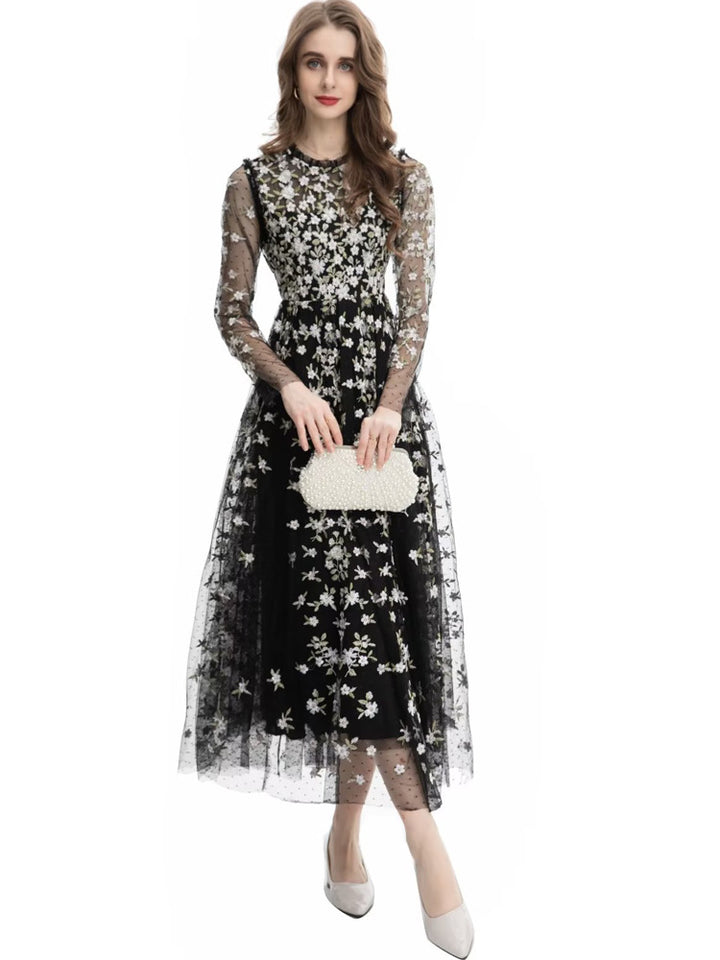 embroidered tulle midi gown with long sleeves – ORYVLA