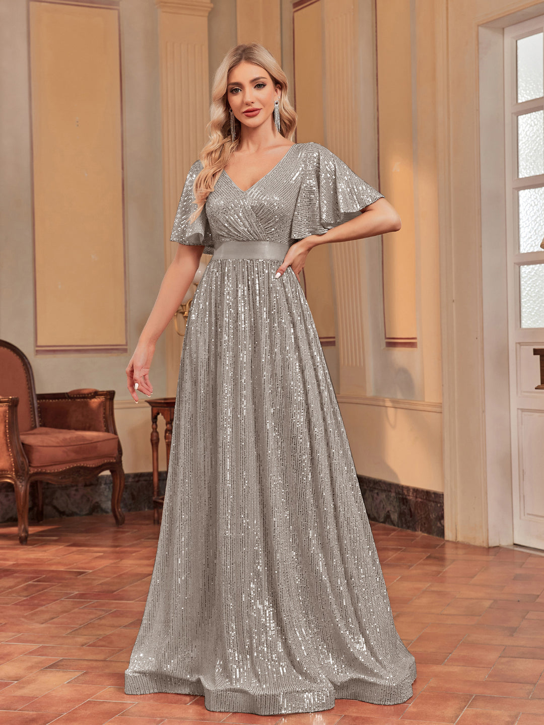 Plissiertes Oberteil mit ausgestellten Ärmeln und Maxirock-Set mit Taillengürtel – Rosiny 