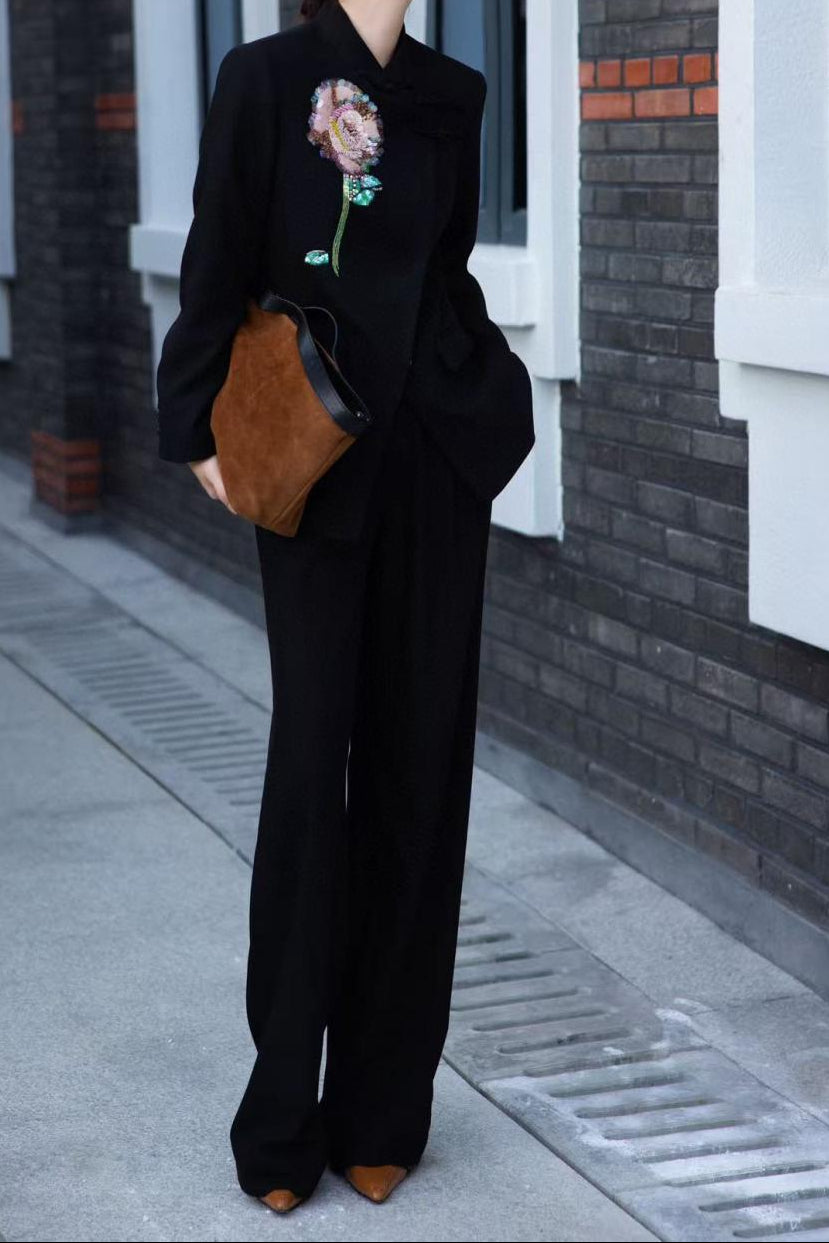 black tailored blazer with sequin floral embroidery – ARLETTE