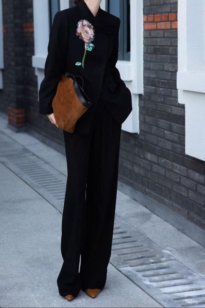 black tailored blazer with sequin floral embroidery – ARLETTE