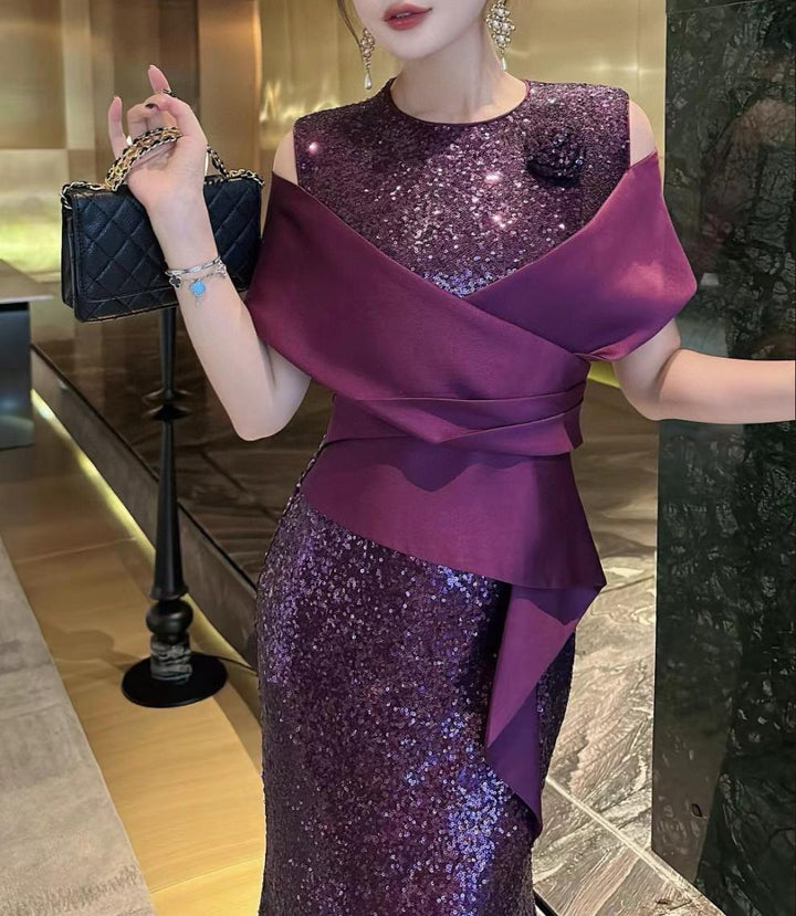 sequin mermaid dress with satin cross-wrap bodice – VIOLETTA