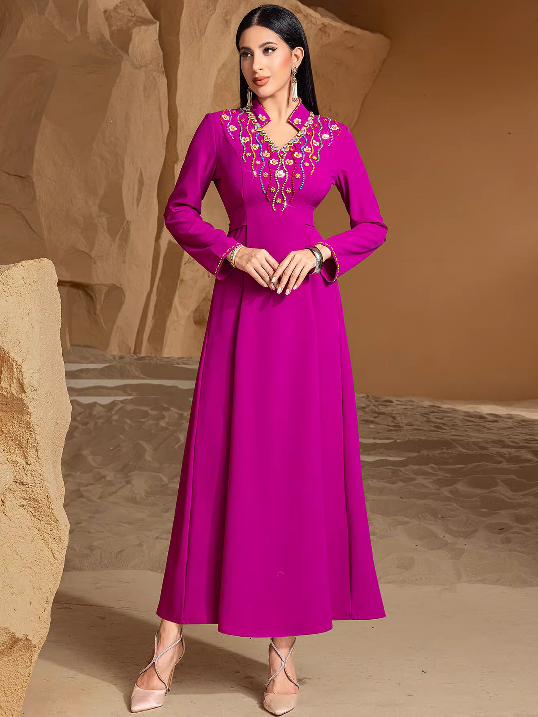 Embroidered V-Neck Maxi Dress with Long Sleeves – AMARIS