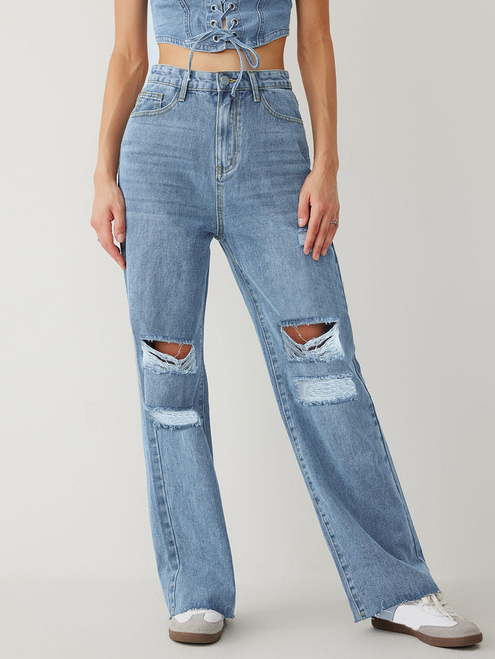 high-waist wide-leg jeans with distressed details – RAVENIXA