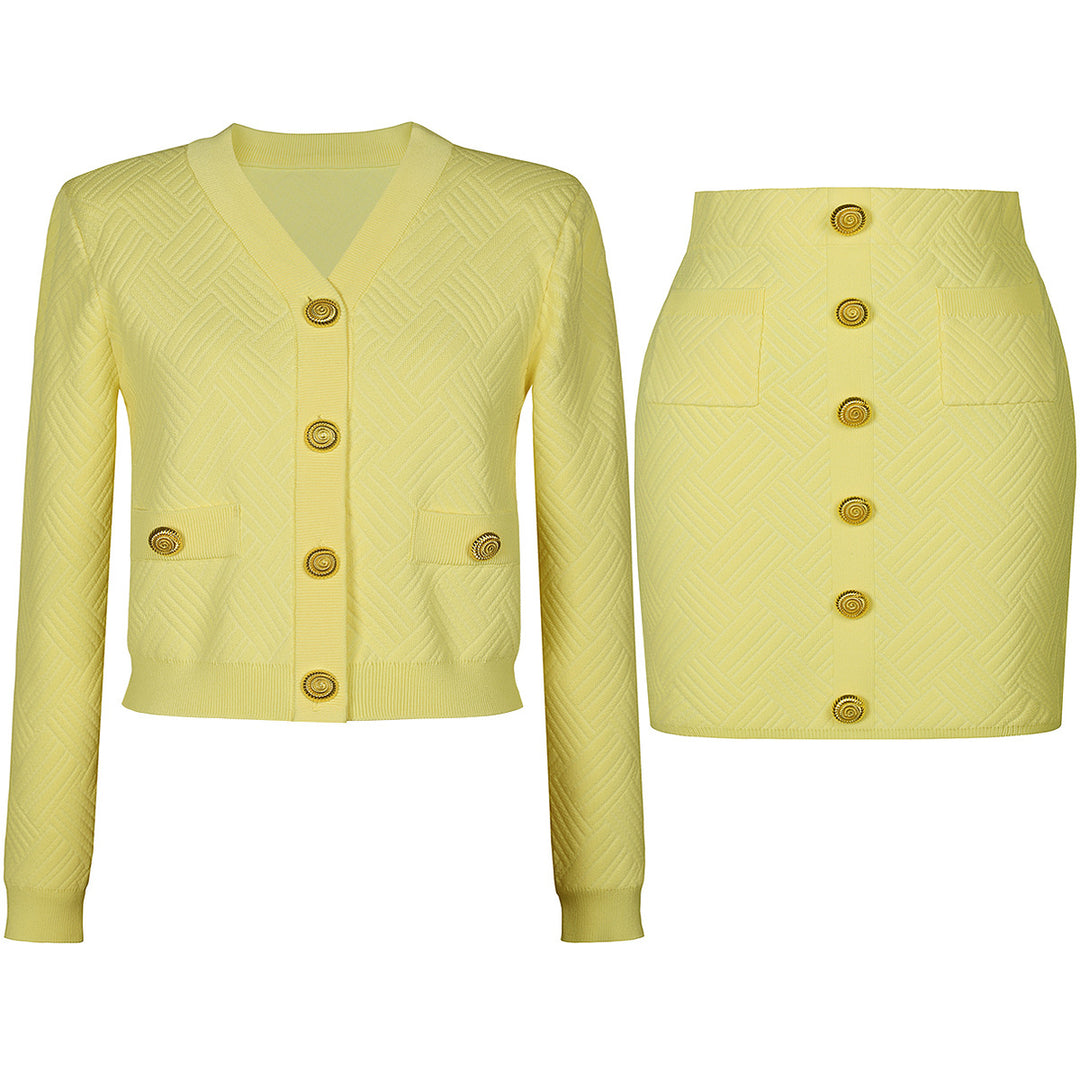 two-piece knit set with gold button accents – ADELLEM