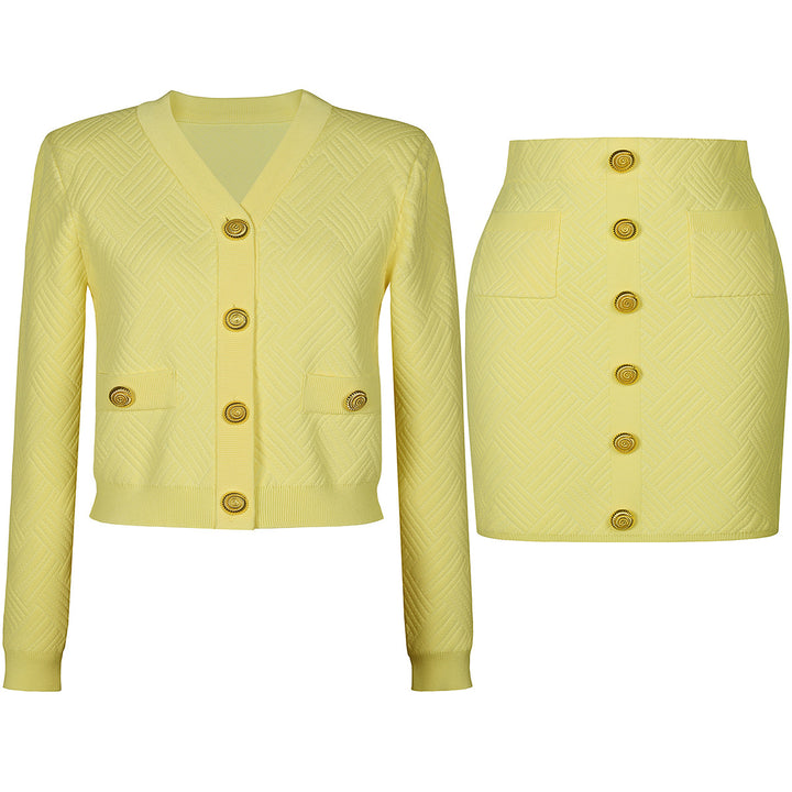 two-piece knit set with gold button accents – ADELLEM