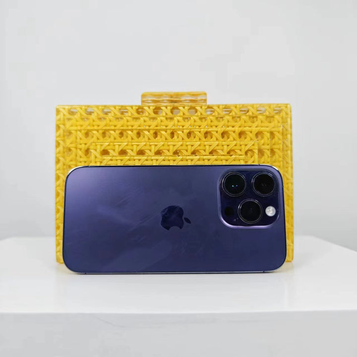 woven acrylic clutch with beaded handle – MARIGOLD