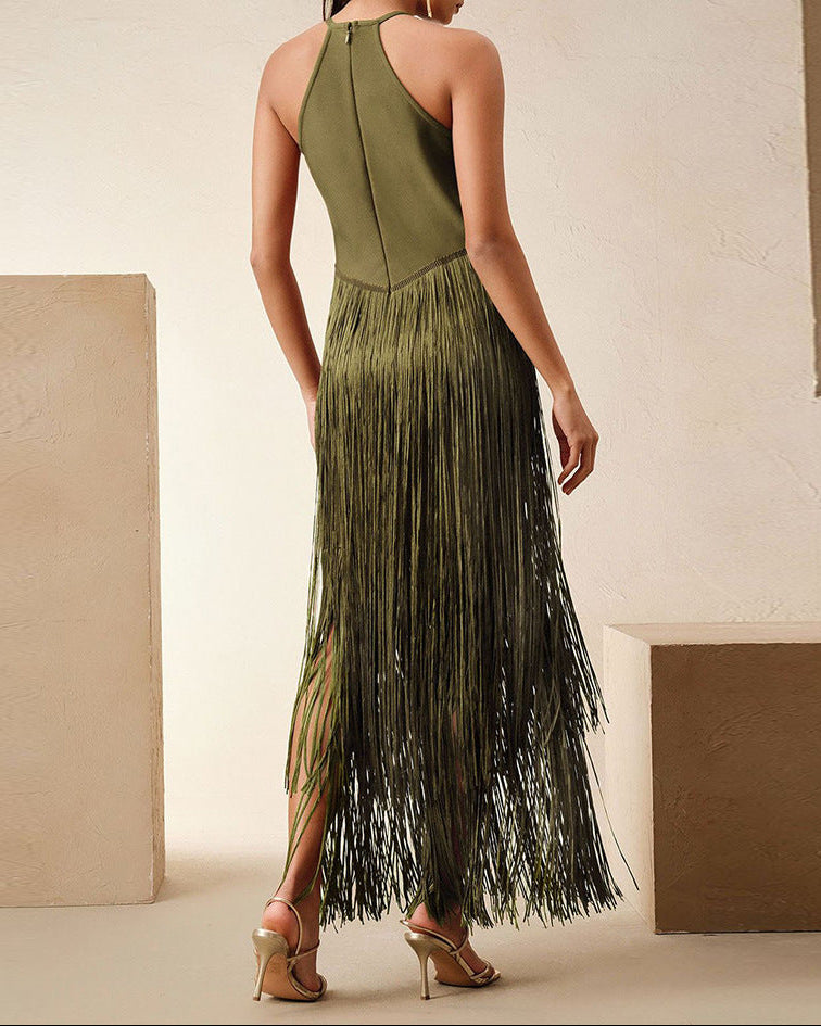 metallic halter fringe gown – SIENNA