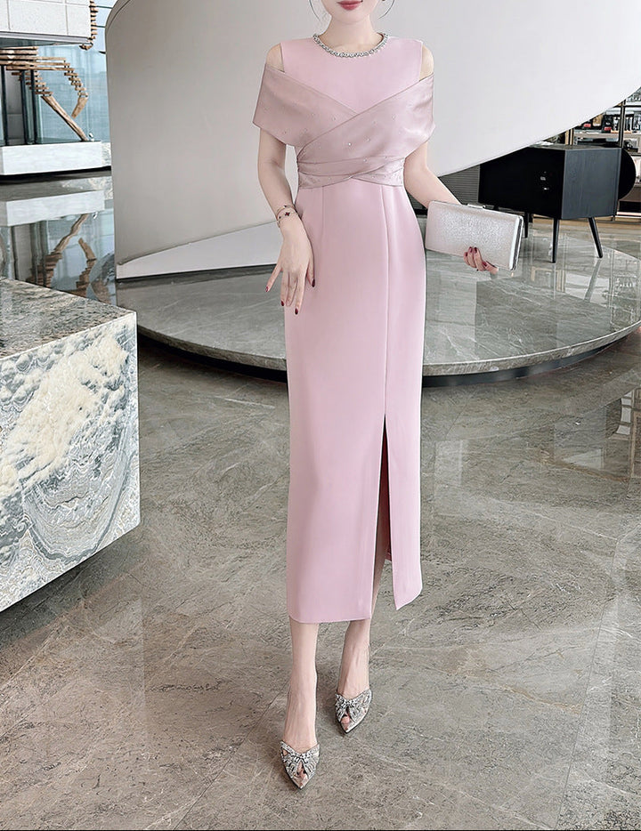 cold-shoulder column dress with satin drape – RUBINA