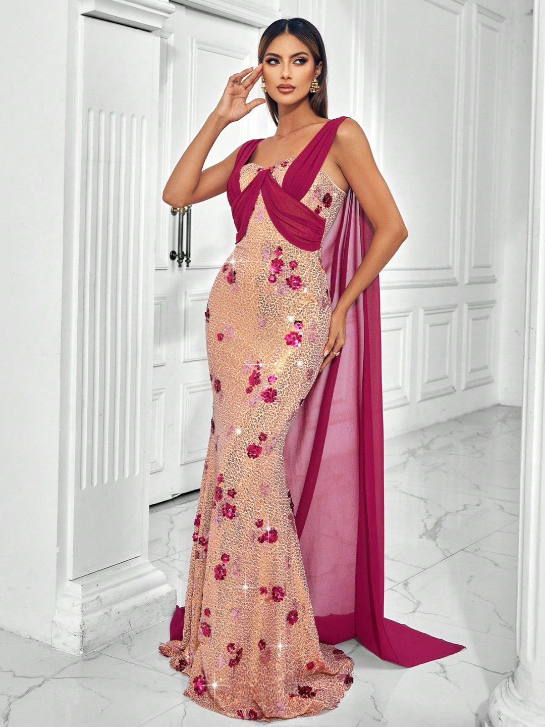 Haut à manches évasées plissées et ensemble jupe longue avec ceinture à la taille – Rosiny 