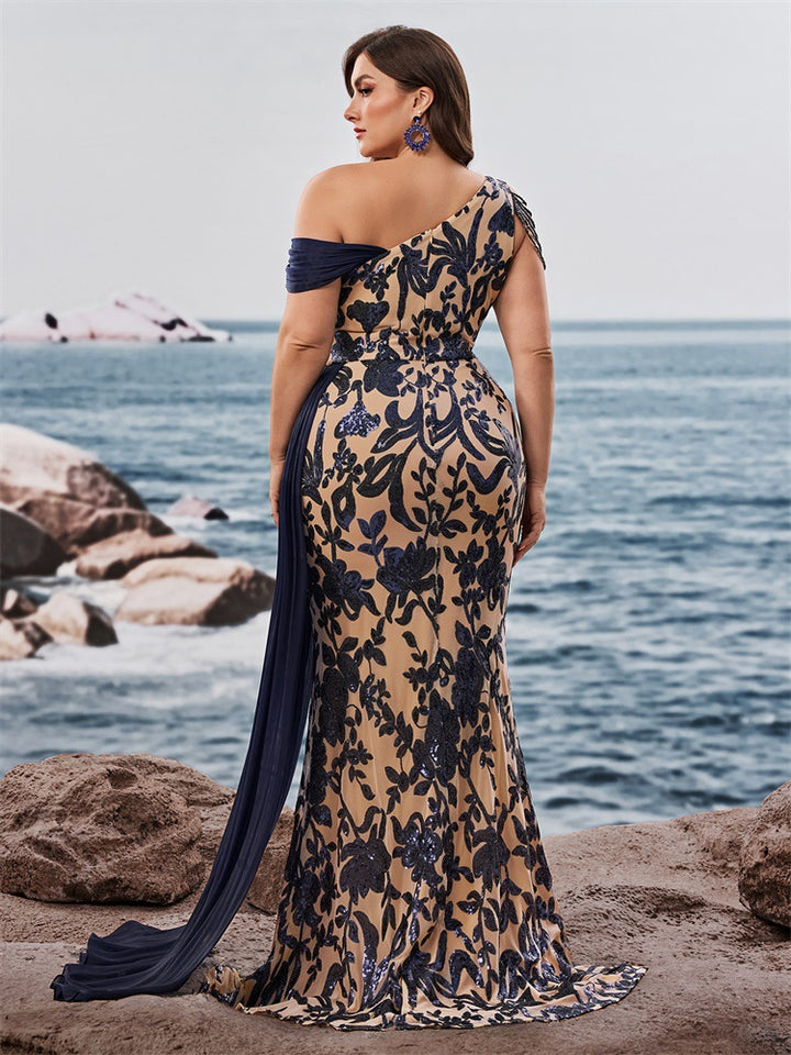 one-shoulder floral gown with draped chiffon cape – DALIRA