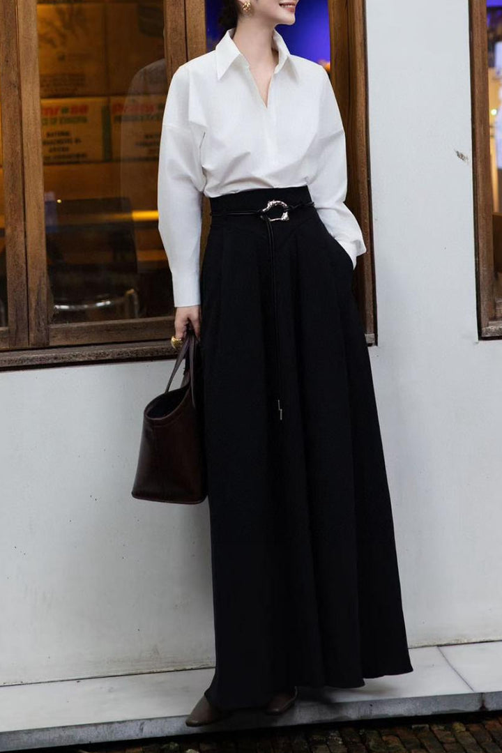 long-sleeve collared blouse with wide-leg maxi skirt – ARYA