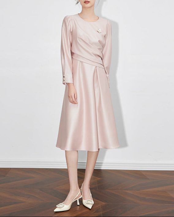 long-sleeve fit-and-flare midi dress with waist draping - NOELLE