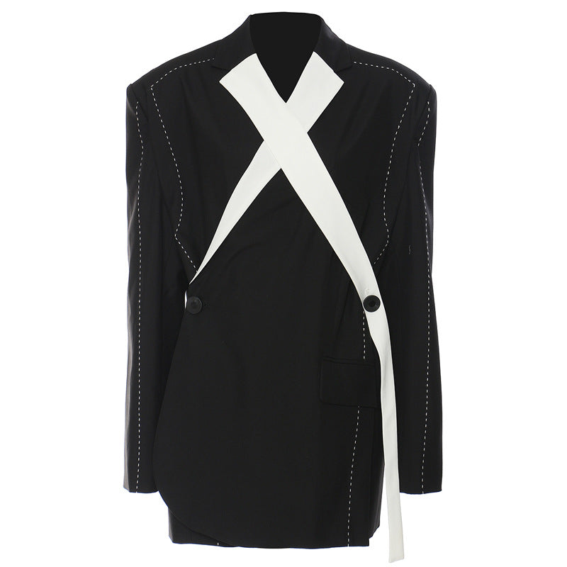 Asymmetric Wrap Blazer with Contrast Strap – ABDALLUH