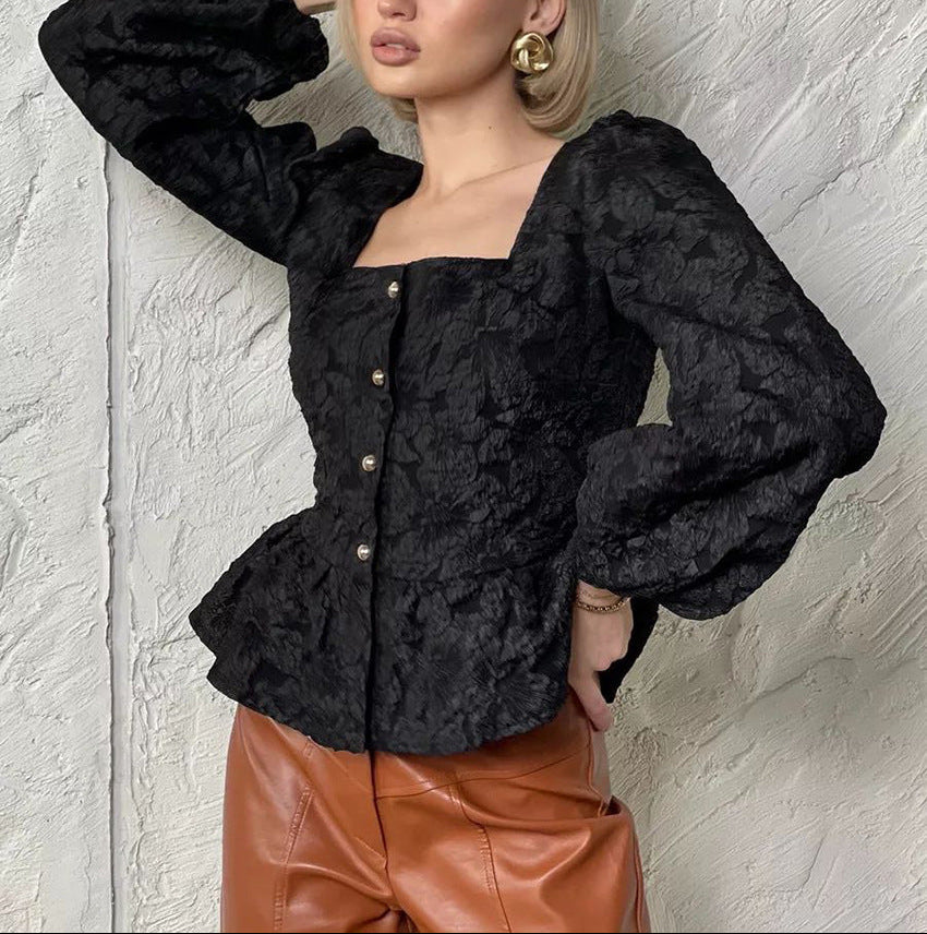 brocade puff-sleeve blouse with square neckline – DAMARA