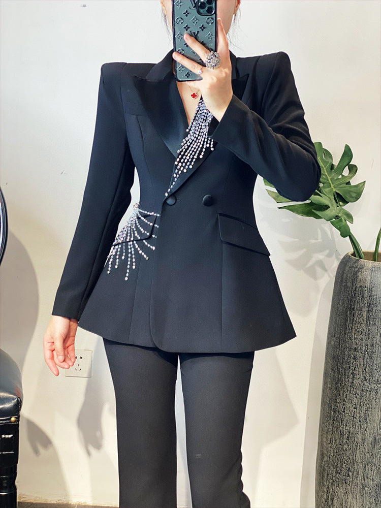 tailored flare suit with crystal burst embellishment – RUBINA