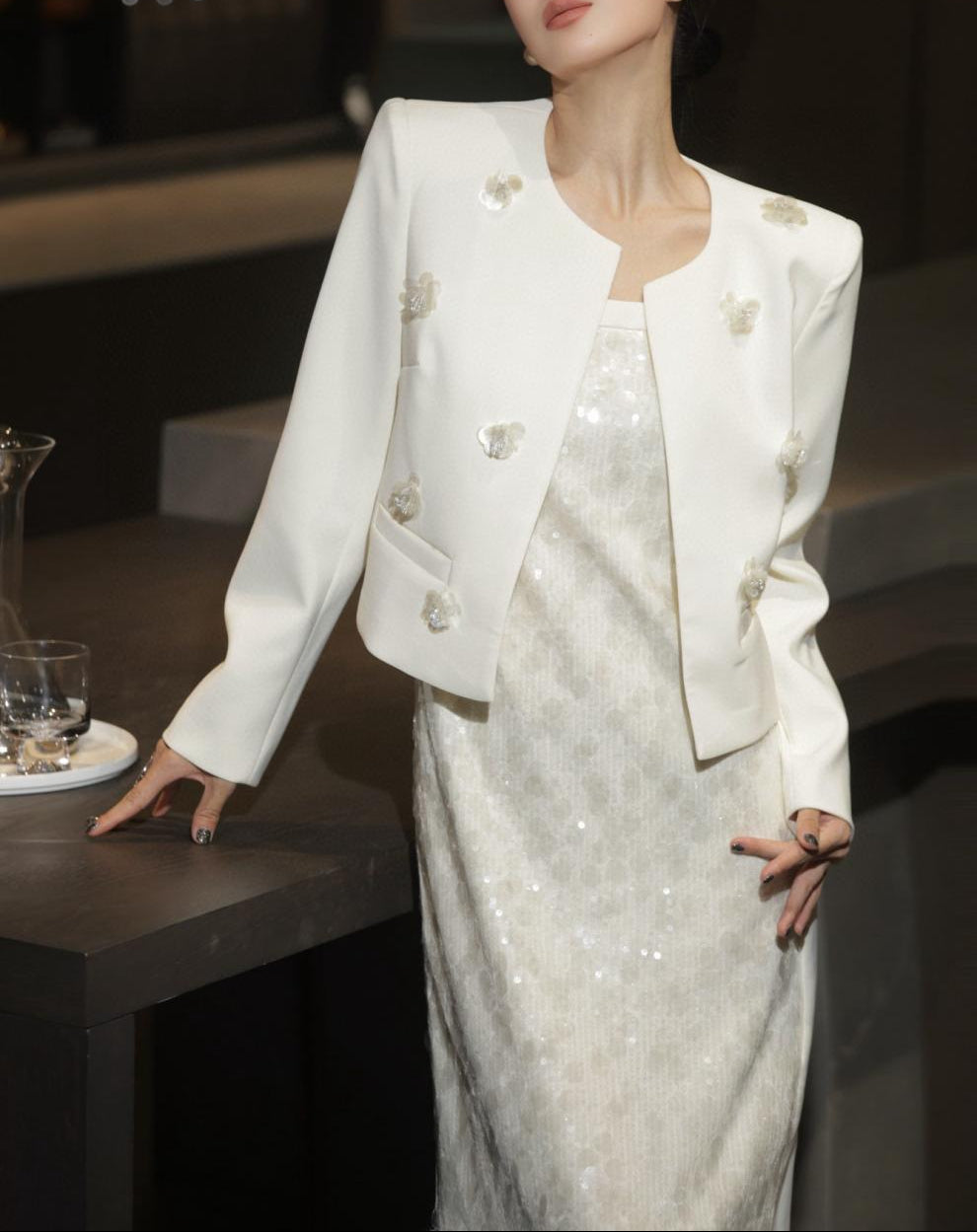 sleeveless sequin column dress with embellished cropped blazer – AURORA