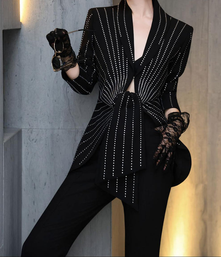 embellished peplum blazer with flared pants – NOIR