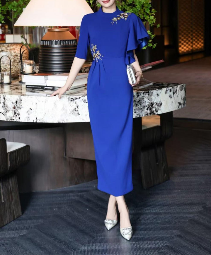 asymmetric sleeve gown with gold floral embellishments – RIVERA