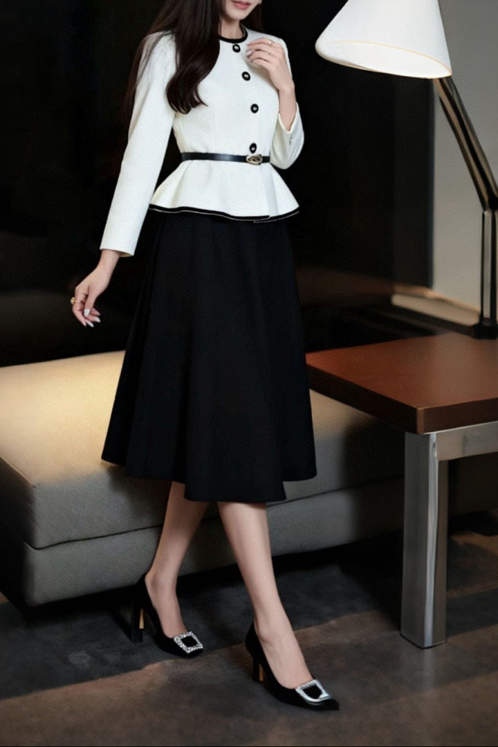 peplum jacket dress with contrast buttons – NOIR