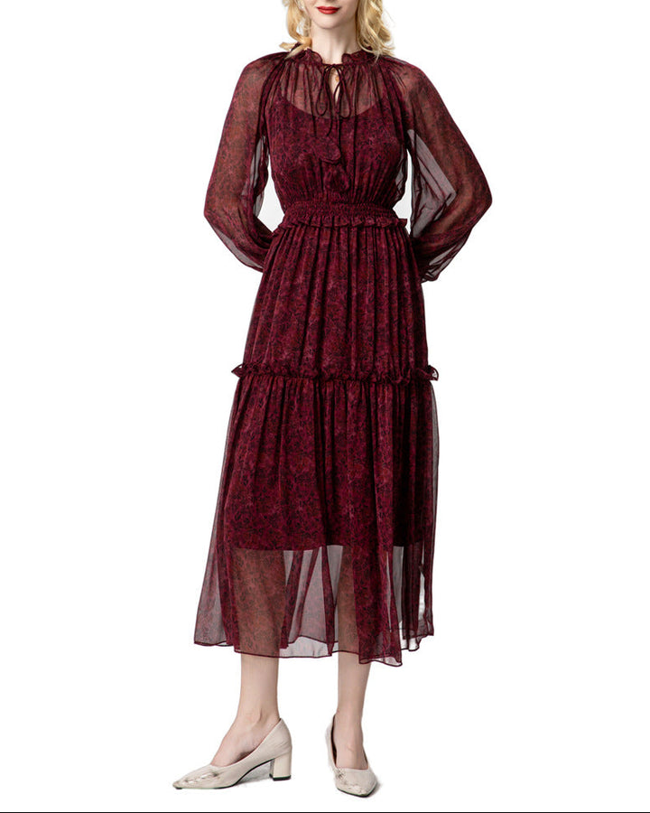 chiffon tiered midi dress with tie neckline – MAEVE