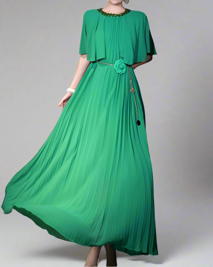 pleated cape-sleeve maxi dress with floral belt - AURORAD
