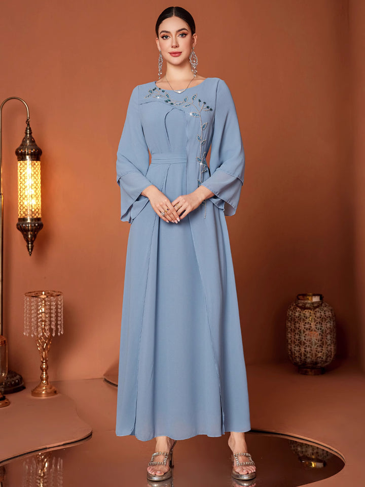 embroidered flare sleeve dress with draped waist - NOURALU