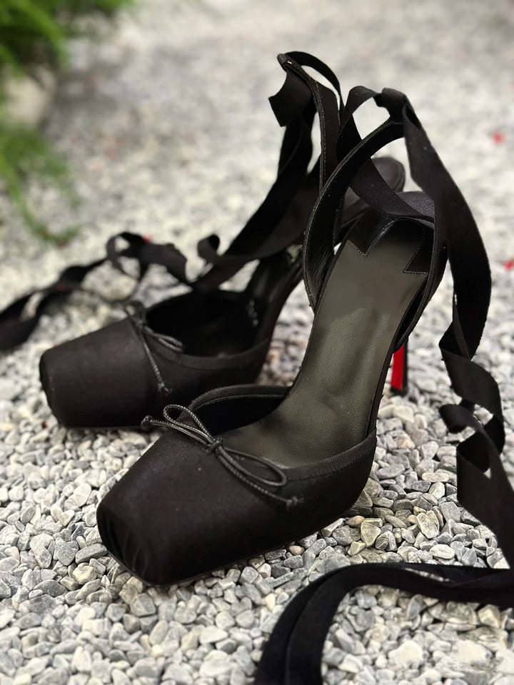satin platform heels with ribbon ankle ties – BELLE