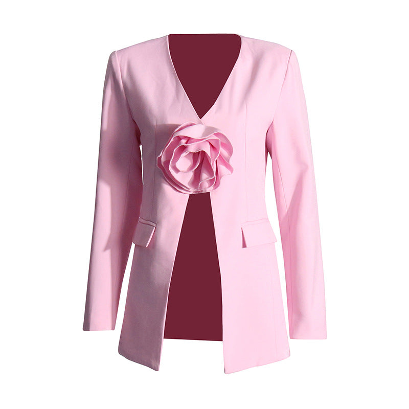 tailored pink blazer with floral accent – ROSÉLLE