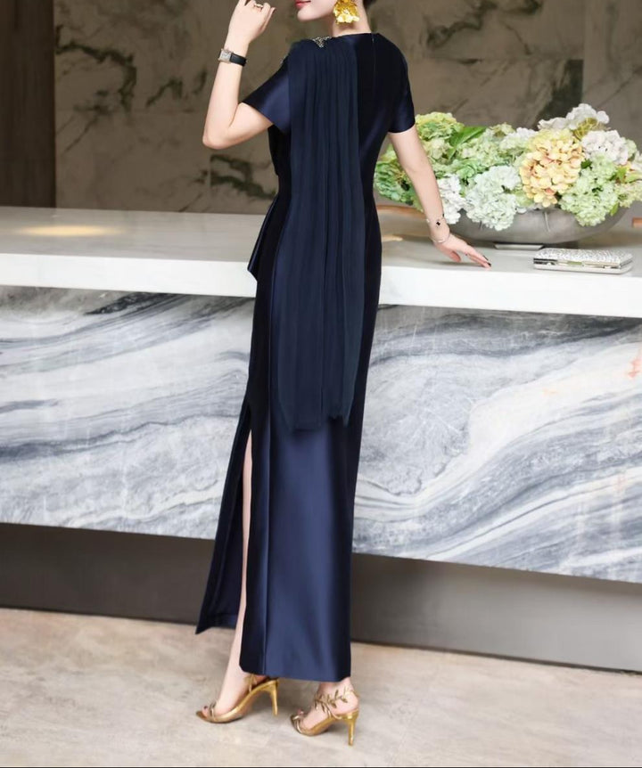 v-neck satin gown with embellished floral drape – NAVIA