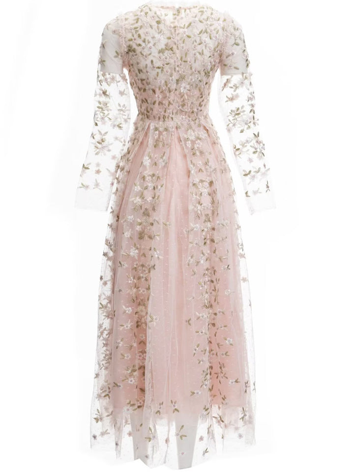 embroidered tulle midi gown with long sleeves – ORYVLA