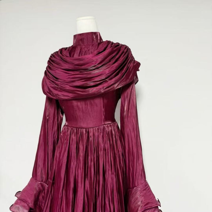 draped satin midi dress with ruffled sleeves – ROSALINE