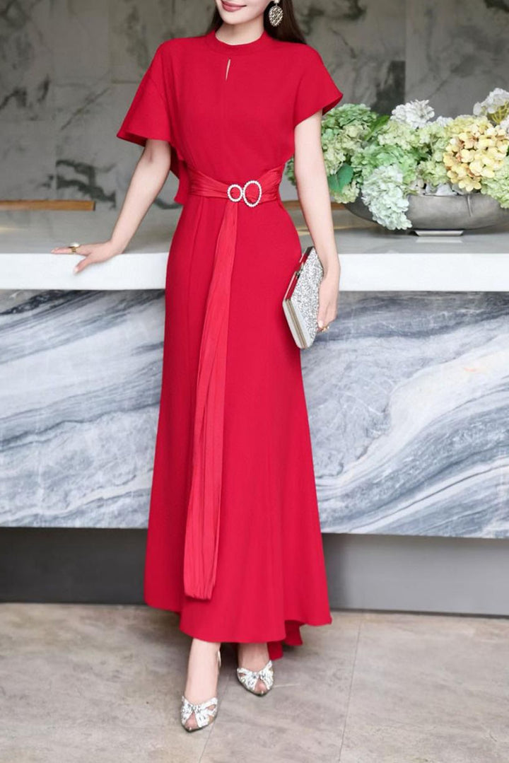 elegant flutter-sleeve maxi dress with draped belt – DARIA