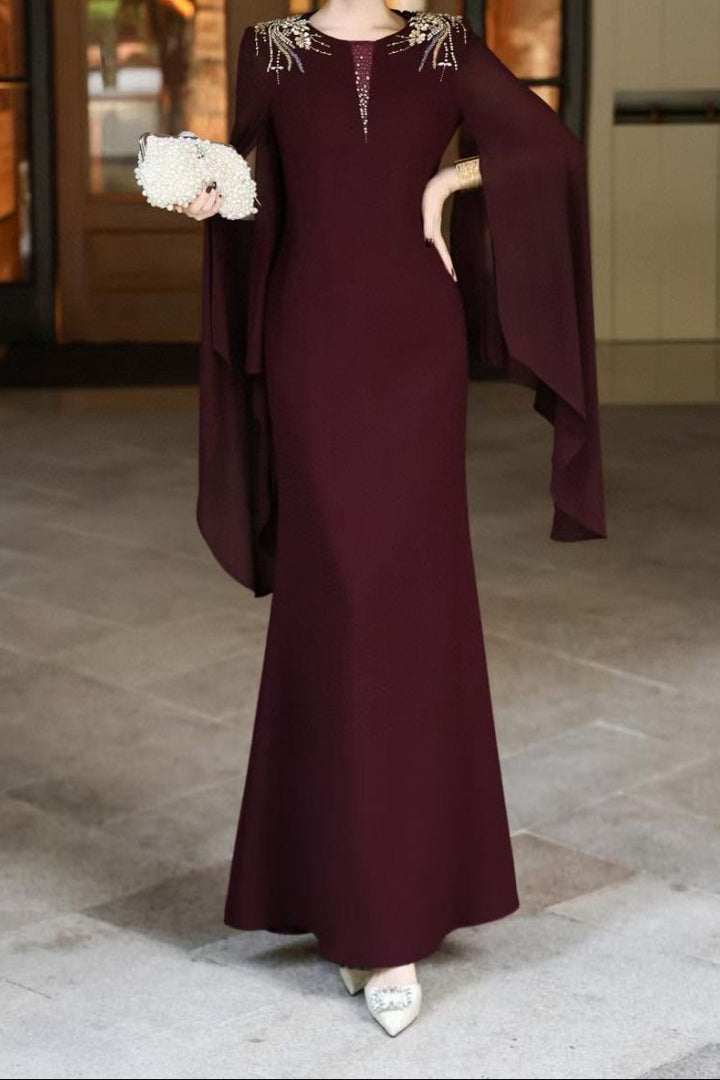 cape-sleeve mermaid dress with embellished shoulders – ROSABELLE