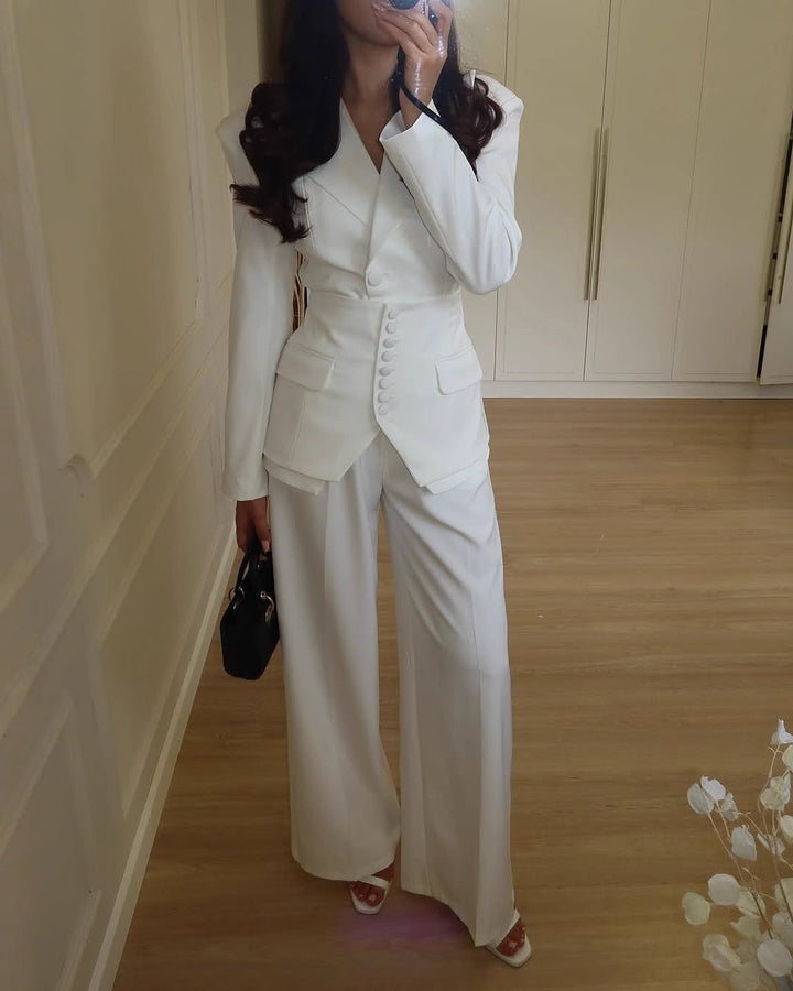 Plissiertes Oberteil mit ausgestellten Ärmeln und Maxirock-Set mit Taillengürtel – Rosiny 