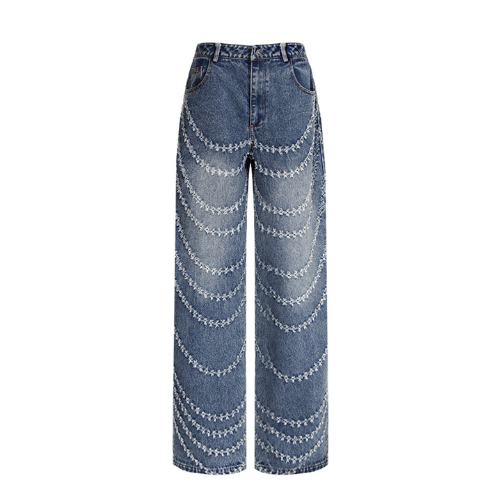 high-waist wide-leg jeans with chain embroidery - NOVAVRU