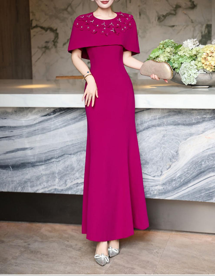 cape-shoulder mermaid dress with embellished neckline – FUCHSIA