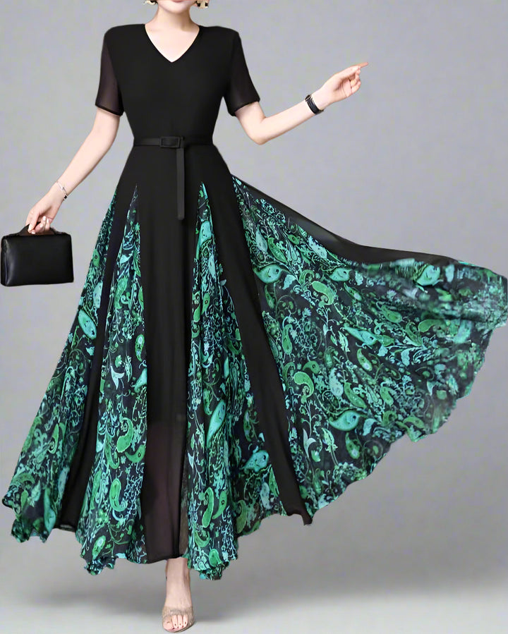 short sleeve belted maxi dress with printed panels - EVORA