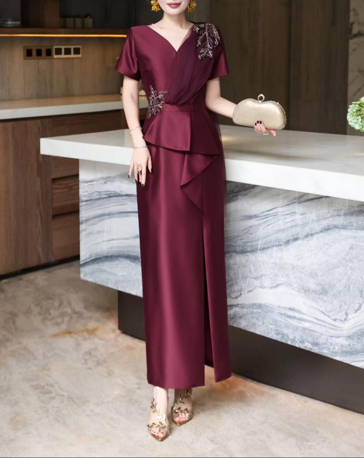 v-neck satin gown with embellished floral drape – NAVIA