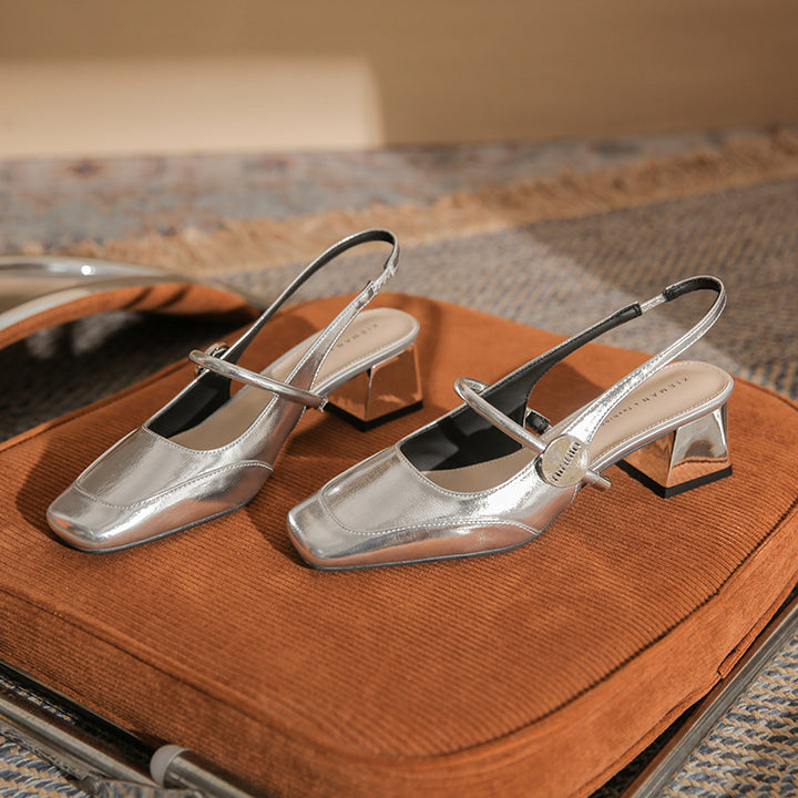 حذاء بكعب سميك مفتوح من الخلف مع حزام معدني بأزرار – أوريليادوي