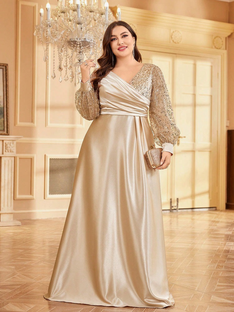 satin evening gown with sequin balloon sleeves – MIDNIGHT