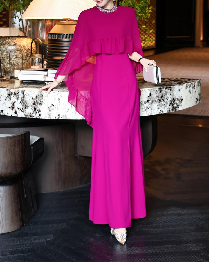 black cape-overlay gown with ruffled chiffon tier – ELIORA