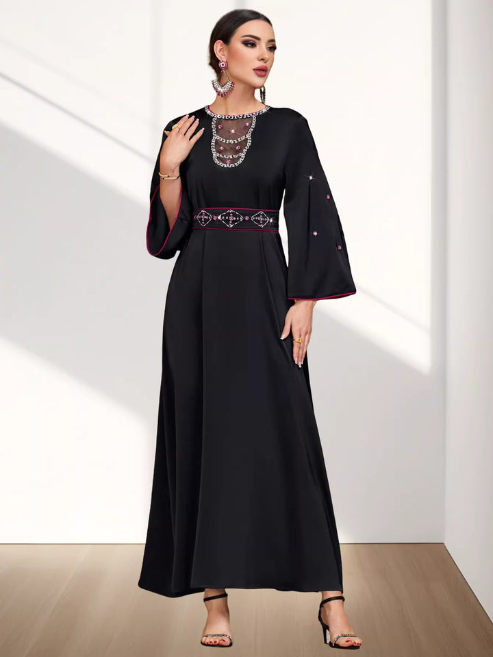 Embroidered Waist Maxi Dress with Sheer Neck Detail – ELYSIA