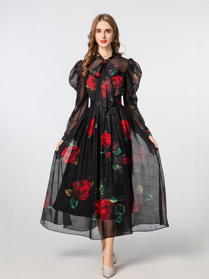 sheer organza dress with red rose print – VERONA