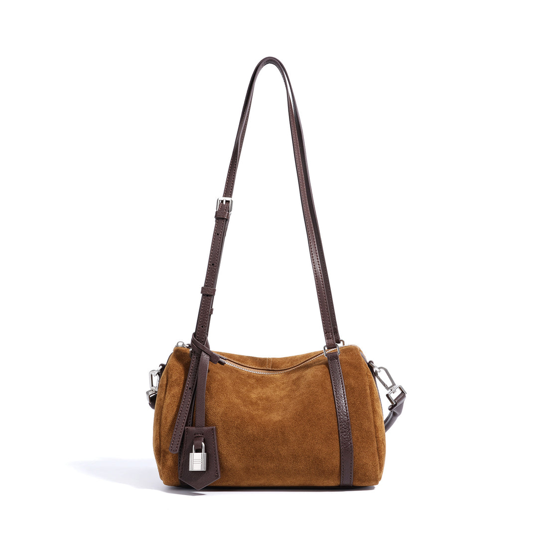 suede shoulder bag with leather trim and lock charm – ALBALI