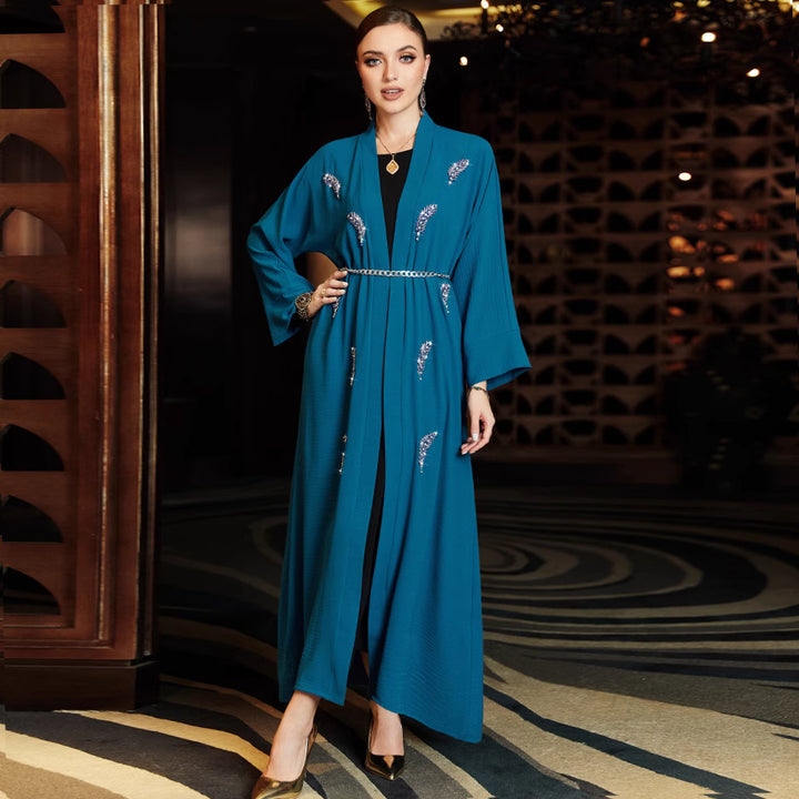 embroidered open-front dress with chain belt - ZAHRANU