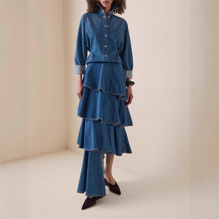 Geplooide top met uitlopende mouwen en maxi-rok set met tailleband – Rosiny 